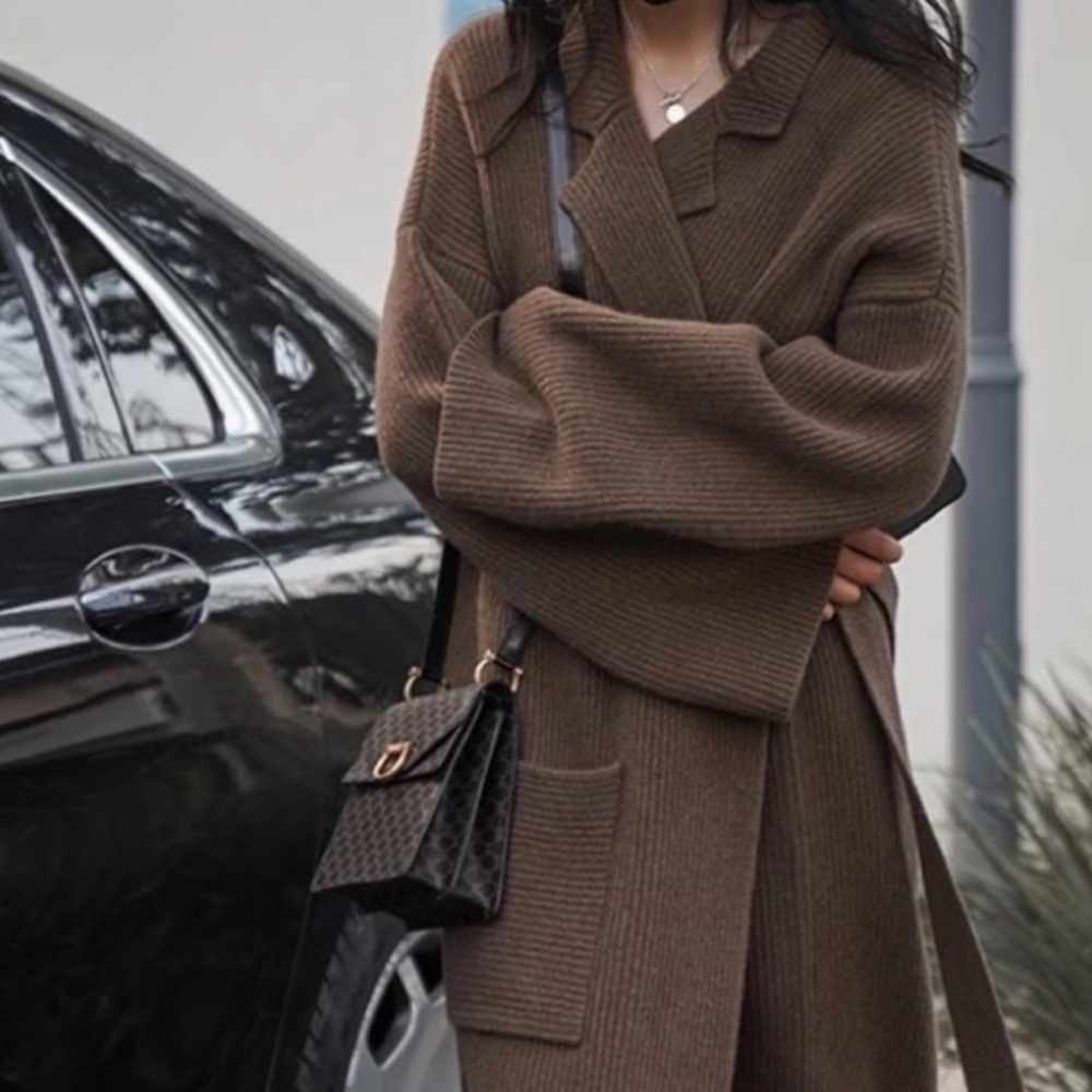 Chunky Over The Knee Rib Brown Cardigan Coat Pockets Belted Maxi Long Duster - Picture 3 of 13